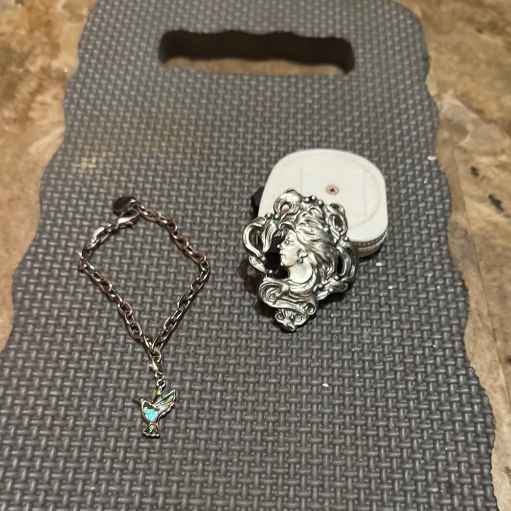 Silver Tone Women's brooch Jewelry Set with abalone, hummingbird charm bracelet